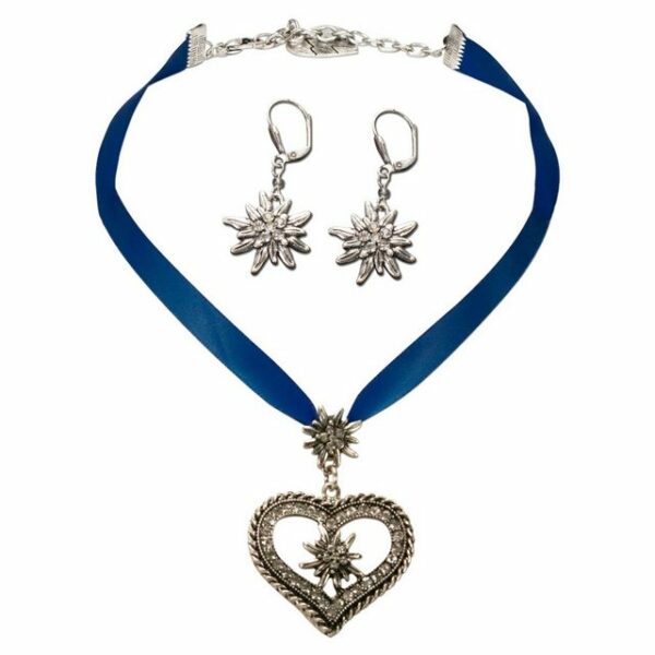 Alpenflüstern Ketten-Set Trachtenschmuck-Set Satin-Trachtenkette Strassedelweissherz und Trachten-Ohrhänger Strass-Edelweiss (blau), - Damen-Trachten-Schmuck, Trachtenset Trachtenkette und Trachten-Ohrringe