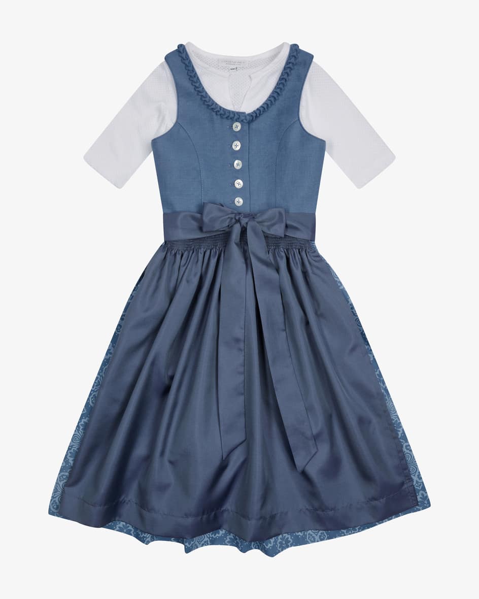 Wiesndirndl mit Bluse und Schürze für Mädchen von LODENFREY in Taubenblau. Dankder klassischen Schnittführung und dem Leinen-Mieder begeistert das.... Mehr Details bei Lodenfrey.com!