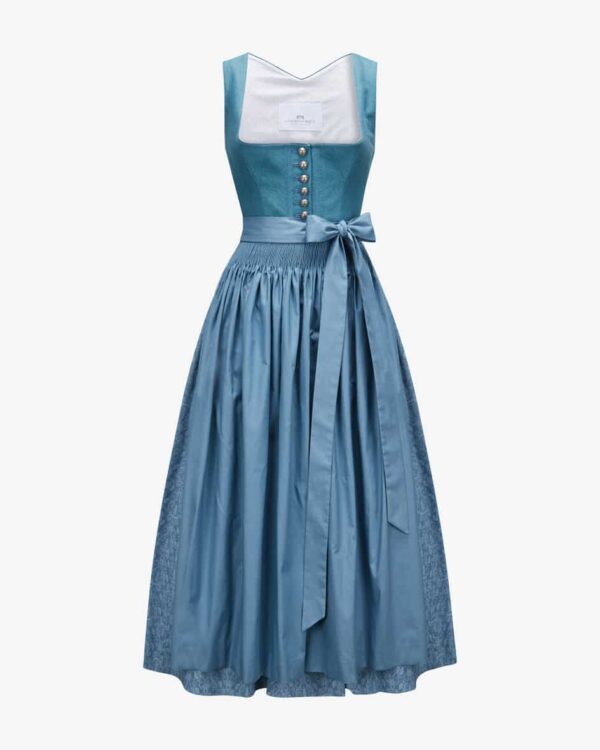 Midi-Dirndl mit Schürze für Damen von LODENFREY München 1842 in Blau. Dank desmodischen Paisley-Muster avanciert das Modell zum modischen Blickfang