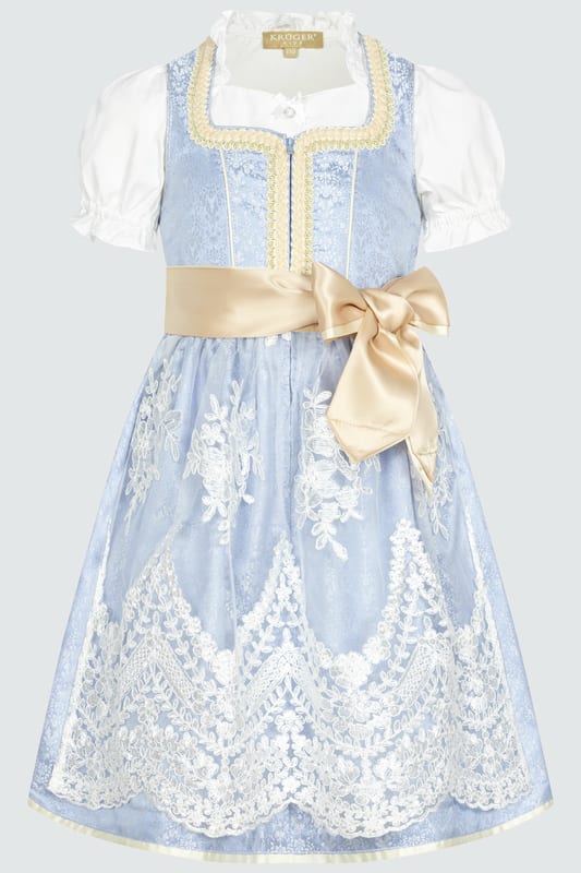 Unser bezauberndes Kinderdirndl Gaelle besticht durch ein zart schimmerndes Streublumenmuster und kommt ohne Miederschnürung aus