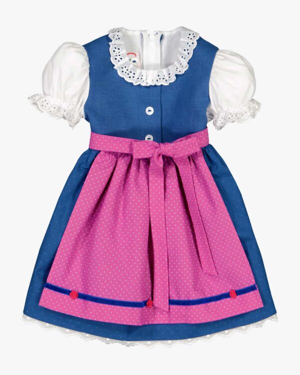 Lore Baby-Dirndl von Pacher in Dunkelblau und Violett. Das Modell bestichtdurch das hochwertige Leinen-Mieder in traditioneller Aufmachung