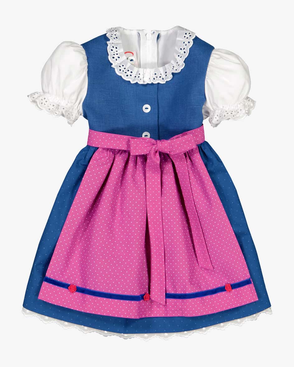 Lore Baby-Dirndl von Pacher in Dunkelblau und Violett. Das Modell bestichtdurch das hochwertige Leinen-Mieder in traditioneller Aufmachung