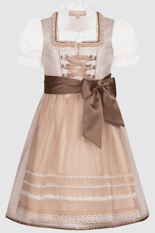 Das Kinderdirndl Laticia begeistert mit schönen Miederhaken und feinen Borten. Die perfekt abgestimmte Miederschnürung und die Dirndlschürze runden den Look ab.