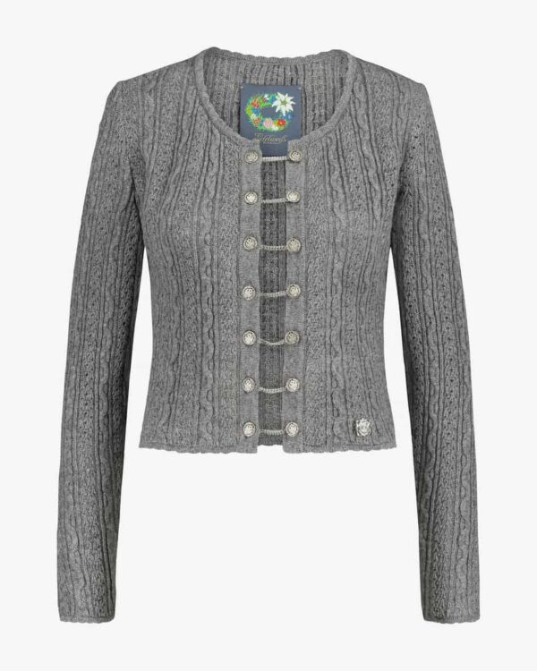 Trachten-Strickjacke für Damen von Edelweiß in Grau. Das klassische Strick-Muster sowie Münz-Knöpfe mit Ketten-Details untermalen dietraditionelle.... Mehr Details bei Lodenfrey.com!