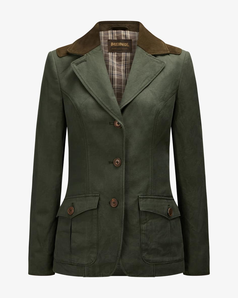 Hazel Trachtenblazer für Damen von Meindl in Safari Green. Das Modell ausBaumwoll-Leinen-Mix überzeugt dank klassischer Details in traditionellerAufmachung