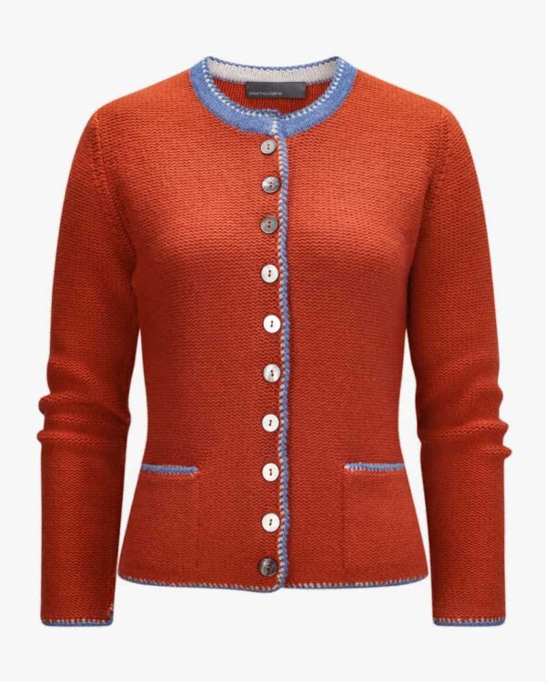 Trachten-Strickjacke für Damen von Pierre Claire in Orange und Blau. DasModell aus hochwertiger Merinowoll-Cashmere-Qualität punktet mit.... Mehr Details bei Lodenfrey.com!