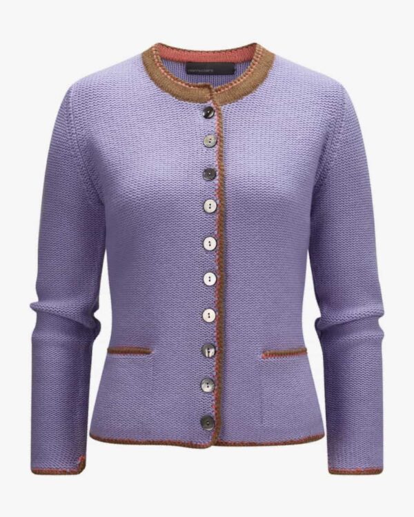 Trachten-Strickjacke für Damen von Pierre Claire in Flieder und Braun. DasModell aus hochwertiger Merinowoll-Cashmere-Qualität punktet mit.... Mehr Details bei Lodenfrey.com!