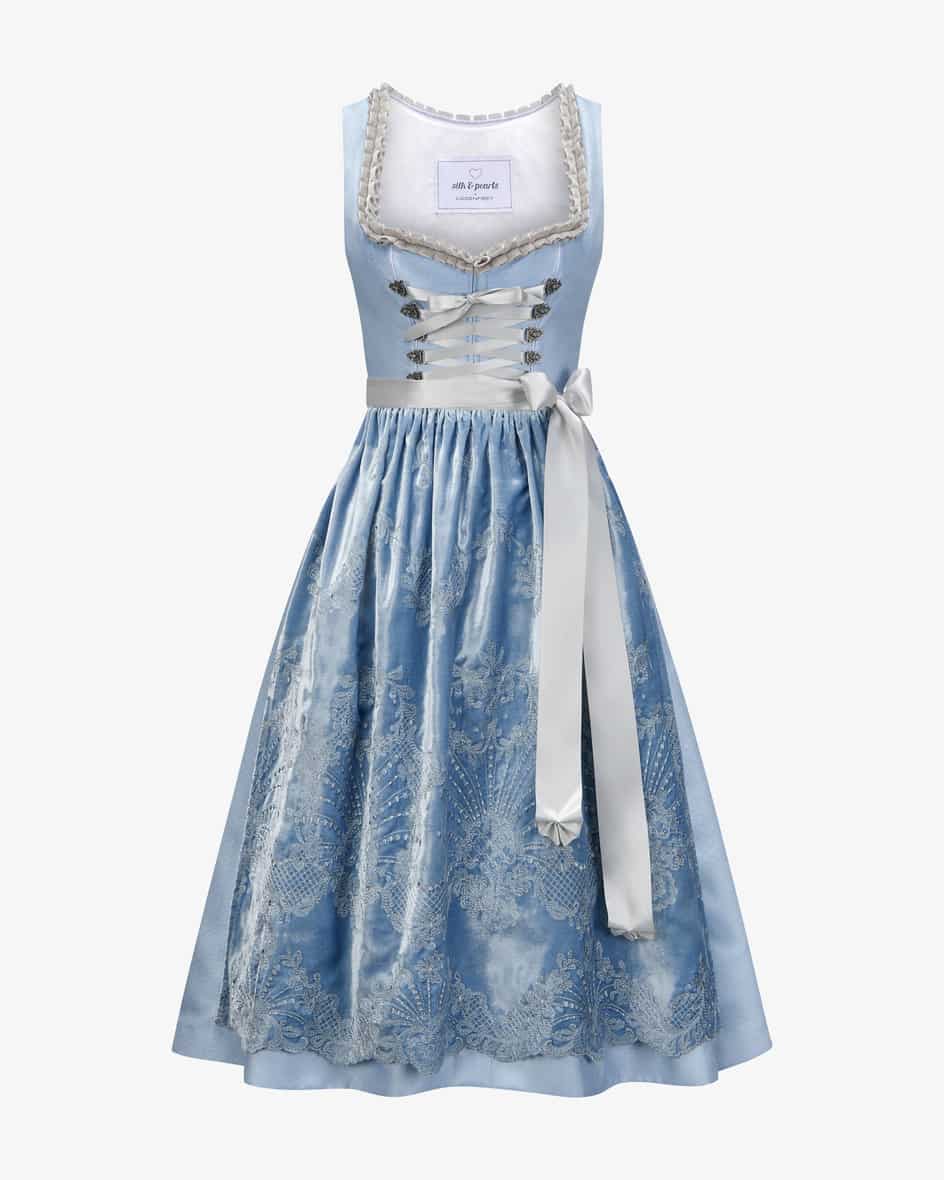 Midi-Dirndl mit Samtschürze für Damen von Silk & Pearls in Eisblau. Das exklusivbei LODENFREY erhältliche Modell schafft dank der edel changierenden.... Mehr Details bei Lodenfrey.com!